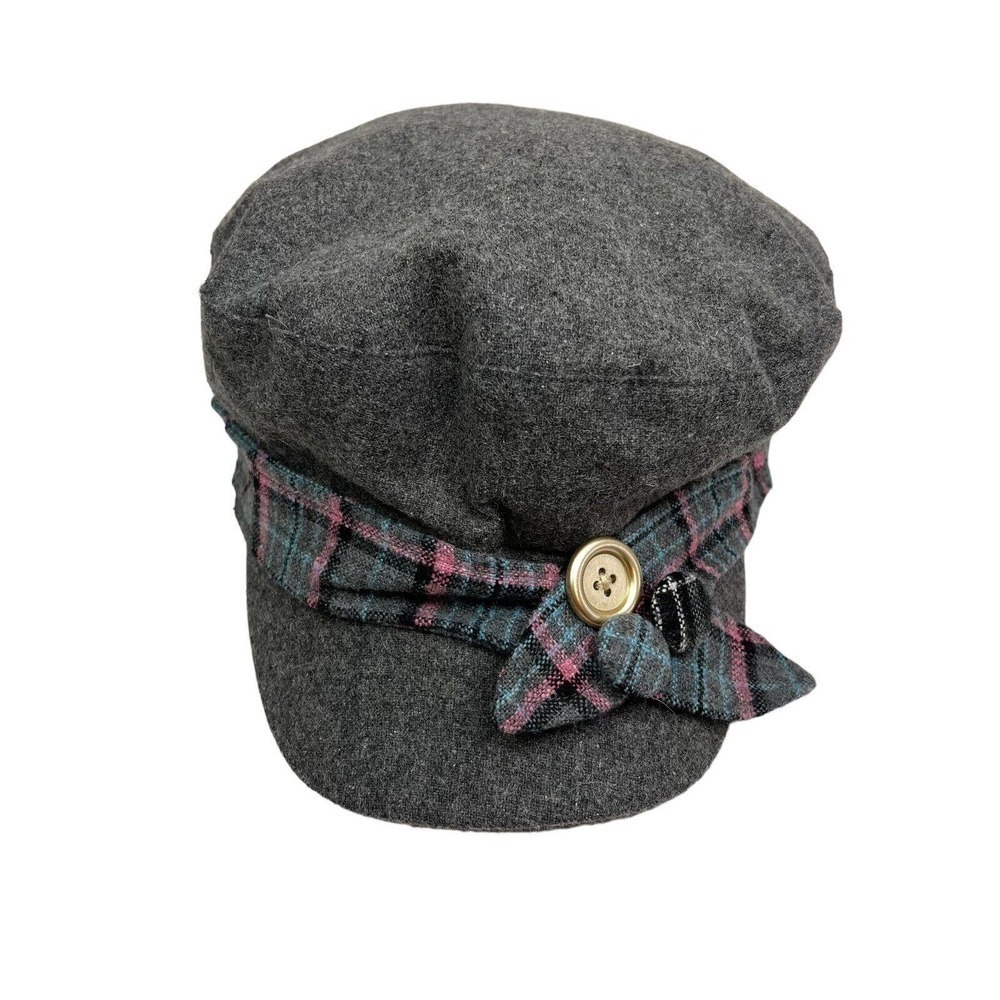 August Plaid Cadet‎ Hat Wool Blend Belted Trim Button Detailing Gray Women OSFM
